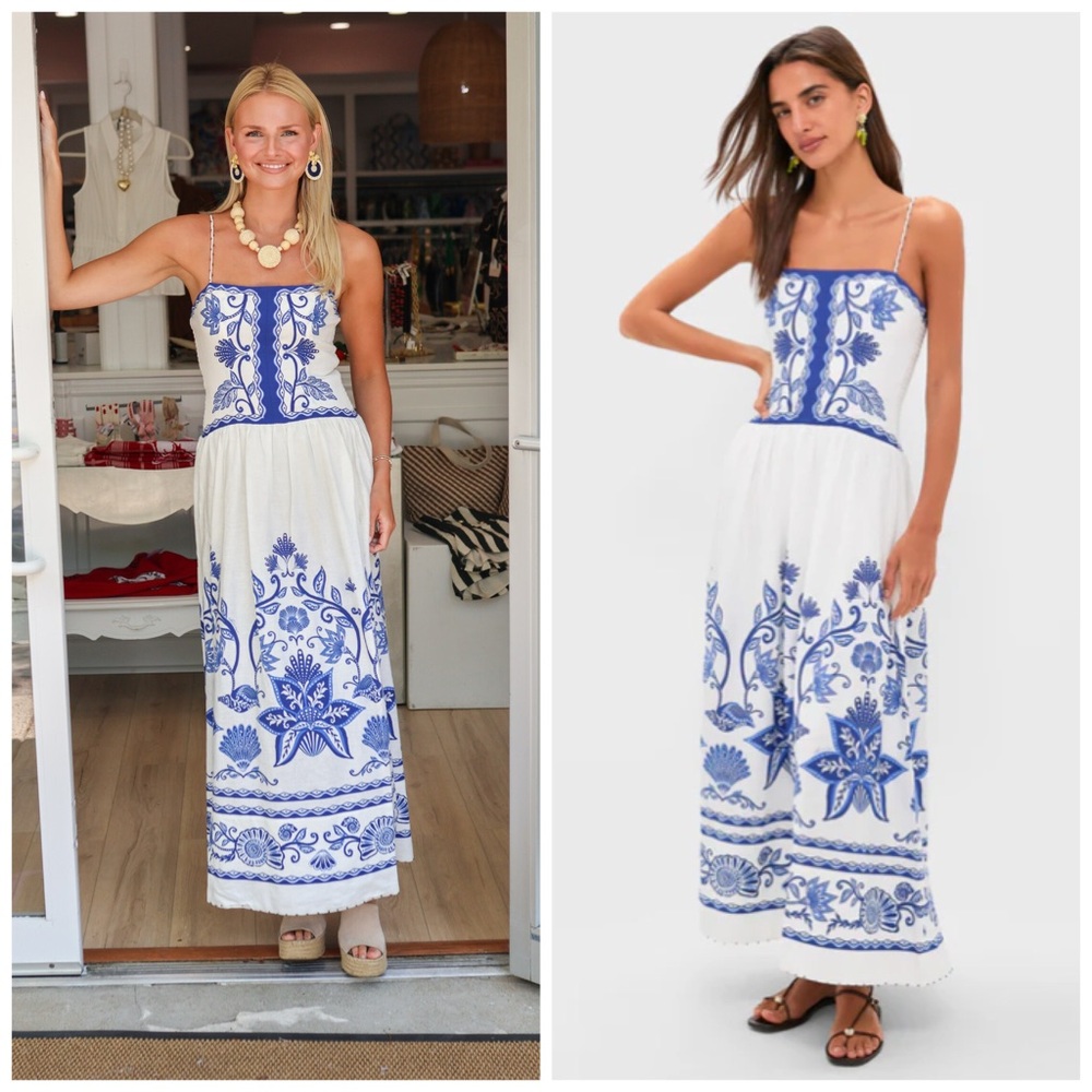 FARM Rio Shell Garden Off White Sleeveless Midi Dress White Blue Floral Linen XL